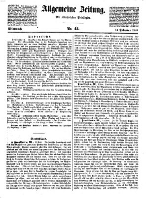 Allgemeine Zeitung Mittwoch 14. Februar 1849