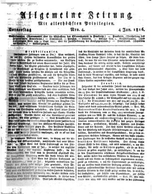 Allgemeine Zeitung Donnerstag 4. Januar 1816