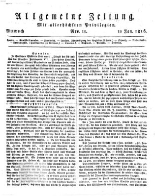 Allgemeine Zeitung Mittwoch 10. Januar 1816