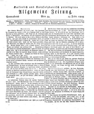 Kaiserlich- und Kurpfalzbairisch privilegirte allgemeine Zeitung (Allgemeine Zeitung) Samstag 23. Februar 1805
