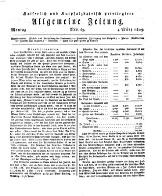 Kaiserlich- und Kurpfalzbairisch privilegirte allgemeine Zeitung (Allgemeine Zeitung) Montag 4. März 1805