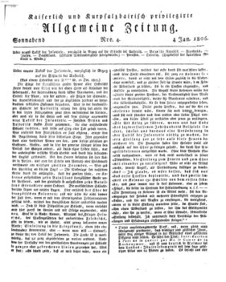Kaiserlich- und Kurpfalzbairisch privilegirte allgemeine Zeitung (Allgemeine Zeitung) Samstag 4. Januar 1806
