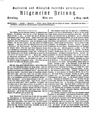 Kaiserlich- und Kurpfalzbairisch privilegirte allgemeine Zeitung (Allgemeine Zeitung) Dienstag 5. August 1806