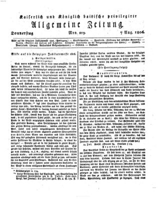 Kaiserlich- und Kurpfalzbairisch privilegirte allgemeine Zeitung (Allgemeine Zeitung) Donnerstag 7. August 1806