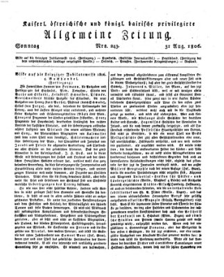 Kaiserlich- und Kurpfalzbairisch privilegirte allgemeine Zeitung (Allgemeine Zeitung) Sonntag 31. August 1806