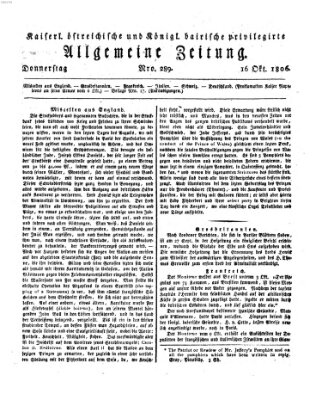 Kaiserlich- und Kurpfalzbairisch privilegirte allgemeine Zeitung (Allgemeine Zeitung) Donnerstag 16. Oktober 1806