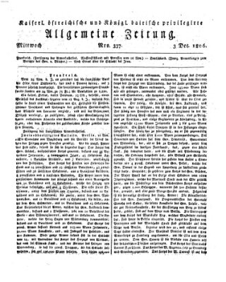 Kaiserlich- und Kurpfalzbairisch privilegirte allgemeine Zeitung (Allgemeine Zeitung) Mittwoch 3. Dezember 1806