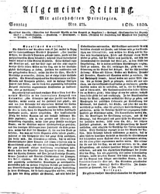 Allgemeine Zeitung Sonntag 1. Oktober 1820