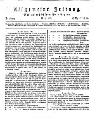 Allgemeine Zeitung Freitag 13. April 1821