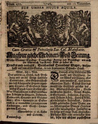 Augspurgische Ordinari-Post-Zeitung (Augsburger Postzeitung) Donnerstag 10. November 1740