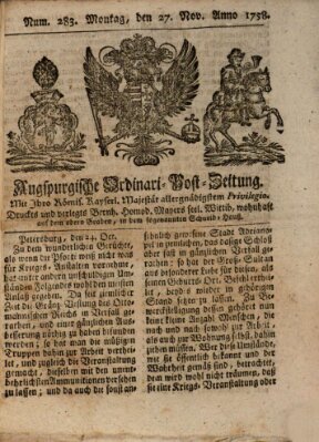Augspurgische Ordinari-Post-Zeitung (Augsburger Postzeitung) Montag 27. November 1758