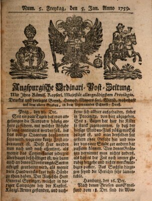 Augspurgische Ordinari-Post-Zeitung (Augsburger Postzeitung) Freitag 5. Januar 1759