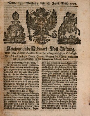 Augspurgische Ordinari-Post-Zeitung (Augsburger Postzeitung) Montag 18. Juni 1759