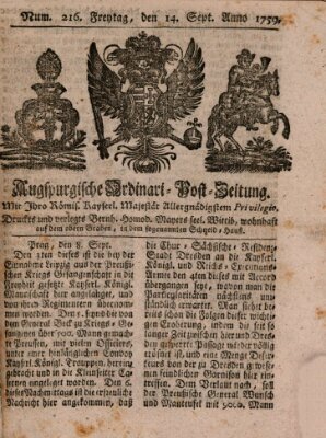 Augspurgische Ordinari-Post-Zeitung (Augsburger Postzeitung) Freitag 14. September 1759
