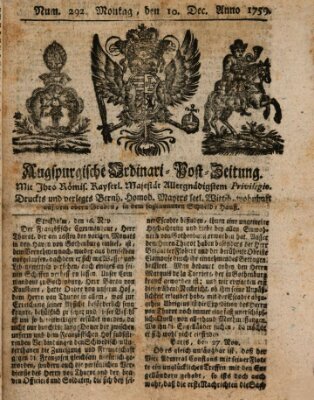 Augspurgische Ordinari-Post-Zeitung (Augsburger Postzeitung) Montag 10. Dezember 1759