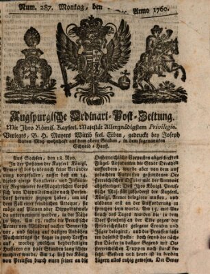 Augspurgische Ordinari-Post-Zeitung (Augsburger Postzeitung) Montag 1. Dezember 1760