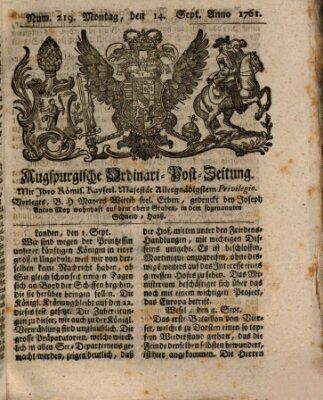 Augspurgische Ordinari-Post-Zeitung (Augsburger Postzeitung) Montag 14. September 1761