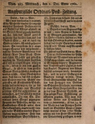 Augspurgische Ordinari-Post-Zeitung (Augsburger Postzeitung) Mittwoch 1. Dezember 1762