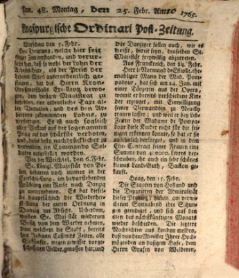 Augspurgische Ordinari-Post-Zeitung (Augsburger Postzeitung) Montag 25. Februar 1765