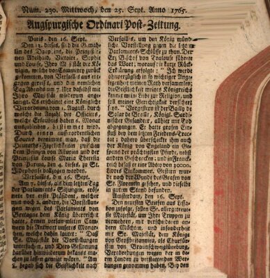 Augspurgische Ordinari-Post-Zeitung (Augsburger Postzeitung) Mittwoch 25. September 1765