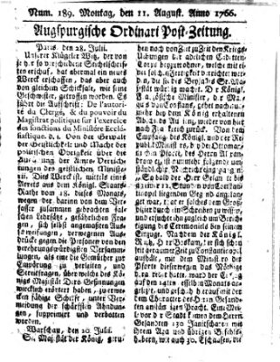 Augspurgische Ordinari-Post-Zeitung (Augsburger Postzeitung) Montag 11. August 1766