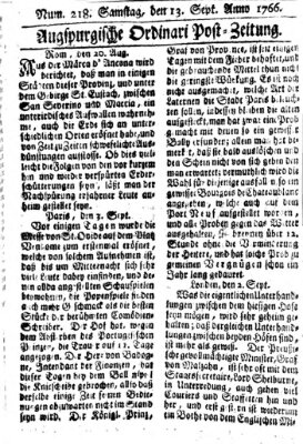 Augspurgische Ordinari-Post-Zeitung (Augsburger Postzeitung) Samstag 13. September 1766