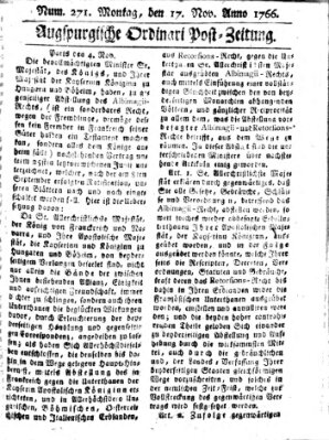 Augspurgische Ordinari-Post-Zeitung (Augsburger Postzeitung) Montag 17. November 1766