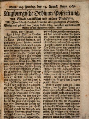 Augsburgische Ordinari Postzeitung von Staats-, gelehrten, historisch- u. ökonomischen Neuigkeiten (Augsburger Postzeitung) Freitag 14. August 1767