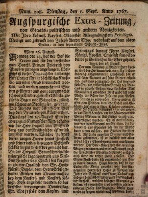 Augsburgische Ordinari Postzeitung von Staats-, gelehrten, historisch- u. ökonomischen Neuigkeiten (Augsburger Postzeitung) Dienstag 1. September 1767