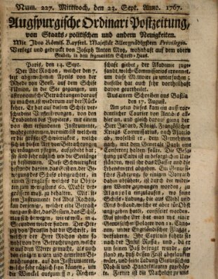 Augsburgische Ordinari Postzeitung von Staats-, gelehrten, historisch- u. ökonomischen Neuigkeiten (Augsburger Postzeitung) Mittwoch 23. September 1767