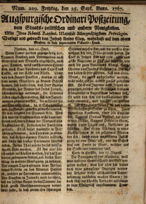 Augsburgische Ordinari Postzeitung von Staats-, gelehrten, historisch- u. ökonomischen Neuigkeiten (Augsburger Postzeitung) Freitag 25. September 1767