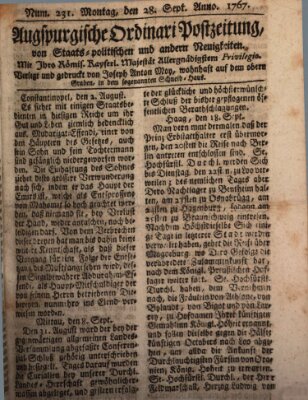 Augsburgische Ordinari Postzeitung von Staats-, gelehrten, historisch- u. ökonomischen Neuigkeiten (Augsburger Postzeitung) Montag 28. September 1767