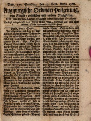 Augsburgische Ordinari Postzeitung von Staats-, gelehrten, historisch- u. ökonomischen Neuigkeiten (Augsburger Postzeitung) Samstag 17. September 1768