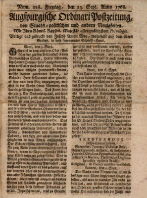 Augsburgische Ordinari Postzeitung von Staats-, gelehrten, historisch- u. ökonomischen Neuigkeiten (Augsburger Postzeitung) Freitag 23. September 1768
