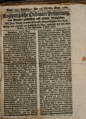 Augsburgische Ordinari Postzeitung von Staats-, gelehrten, historisch- u. ökonomischen Neuigkeiten (Augsburger Postzeitung) Freitag 13. Oktober 1769