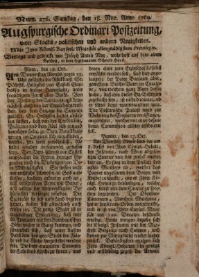 Augsburgische Ordinari Postzeitung von Staats-, gelehrten, historisch- u. ökonomischen Neuigkeiten (Augsburger Postzeitung) Samstag 18. November 1769