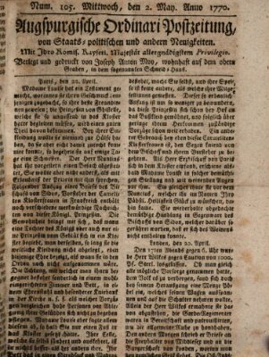 Augsburgische Ordinari Postzeitung von Staats-, gelehrten, historisch- u. ökonomischen Neuigkeiten (Augsburger Postzeitung) Mittwoch 2. Mai 1770