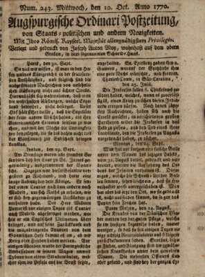 Augsburgische Ordinari Postzeitung von Staats-, gelehrten, historisch- u. ökonomischen Neuigkeiten (Augsburger Postzeitung) Mittwoch 10. Oktober 1770