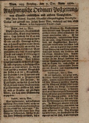 Augsburgische Ordinari Postzeitung von Staats-, gelehrten, historisch- u. ökonomischen Neuigkeiten (Augsburger Postzeitung) Freitag 7. Dezember 1770