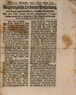 Augsburgische Ordinari Postzeitung von Staats-, gelehrten, historisch- u. ökonomischen Neuigkeiten (Augsburger Postzeitung) Mittwoch 7. September 1774