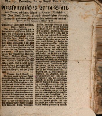 Augsburgische Ordinari Postzeitung von Staats-, gelehrten, historisch- u. ökonomischen Neuigkeiten (Augsburger Postzeitung) Donnerstag 14. August 1777