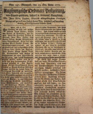 Augsburgische Ordinari Postzeitung von Staats-, gelehrten, historisch- u. ökonomischen Neuigkeiten (Augsburger Postzeitung) Mittwoch 15. Oktober 1777