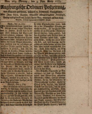 Augsburgische Ordinari Postzeitung von Staats-, gelehrten, historisch- u. ökonomischen Neuigkeiten (Augsburger Postzeitung) Montag 3. November 1777