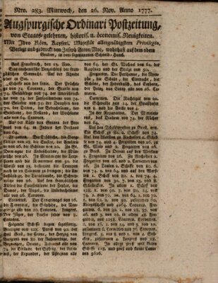 Augsburgische Ordinari Postzeitung von Staats-, gelehrten, historisch- u. ökonomischen Neuigkeiten (Augsburger Postzeitung) Mittwoch 26. November 1777