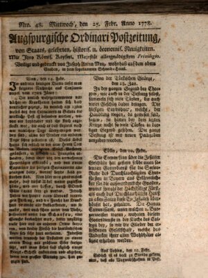 Augsburgische Ordinari Postzeitung von Staats-, gelehrten, historisch- u. ökonomischen Neuigkeiten (Augsburger Postzeitung) Mittwoch 25. Februar 1778