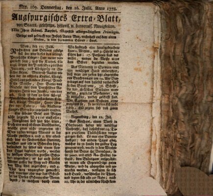 Augsburgische Ordinari Postzeitung von Staats-, gelehrten, historisch- u. ökonomischen Neuigkeiten (Augsburger Postzeitung) Donnerstag 16. Juli 1778