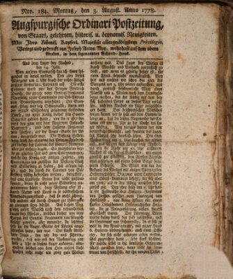 Augsburgische Ordinari Postzeitung von Staats-, gelehrten, historisch- u. ökonomischen Neuigkeiten (Augsburger Postzeitung) Montag 3. August 1778