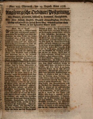 Augsburgische Ordinari Postzeitung von Staats-, gelehrten, historisch- u. ökonomischen Neuigkeiten (Augsburger Postzeitung) Mittwoch 19. August 1778