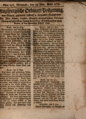 Augsburgische Ordinari Postzeitung von Staats-, gelehrten, historisch- u. ökonomischen Neuigkeiten (Augsburger Postzeitung) Mittwoch 18. November 1778