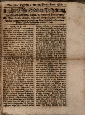 Augsburgische Ordinari Postzeitung von Staats-, gelehrten, historisch- u. ökonomischen Neuigkeiten (Augsburger Postzeitung) Samstag 21. November 1778